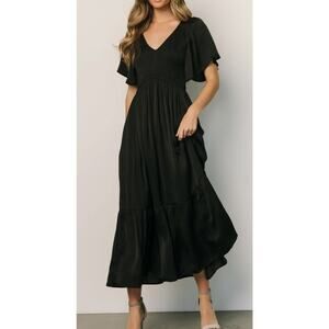 Baltic Born Women's Sz M Black Satin Short Sleeve Lovell Smocked Midi Dress NWT